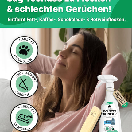 Emma Grün® Mīksto mēbeļu tīrīšanas līdzeklis dīvāniem, kušetēm un automašīnu sēdekļiem 500 ml [iesk. Mīksto mēbeļu birste] - ilgtspējīga un bez smakas - automašīnas salona tīrītājs - mīksto mēbeļu tīrīšana no Vācijas