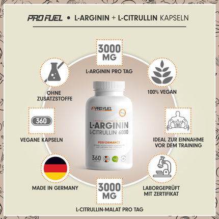 L-arginīna + L-citrulīna malāta kapsulas 360x - optimāla deva ar 6000 mg dienā no L-arginīna (2400 mg) + L-citrulīna malāta (3600 mg) - bez piedevām - laboratoriski pārbaudīts ar sertifikātu - vegāns