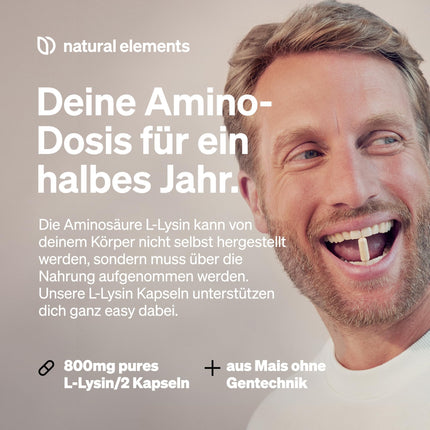 L-lizīns – 365 kapsulas – 800 mg tīra L-lizīna no 1000 mg L-lizīna HCl/dienā – No augu fermentācijas – Bez ĢMO – Vegāns, optimāli dozēts, bez nevajadzīgām piedevām
