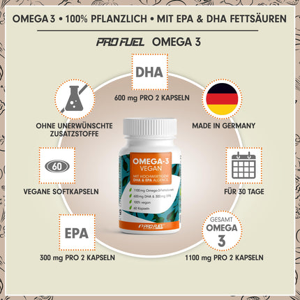 Omega-3 vegānas kapsulas 60x - 2000 mg aļģu eļļas dienā - augsta deva: 600 mg DHA + 300 mg EPA - augstas kvalitātes Omega-3 aļģu eļļas kapsulas ar DHA un EPA (2:1)