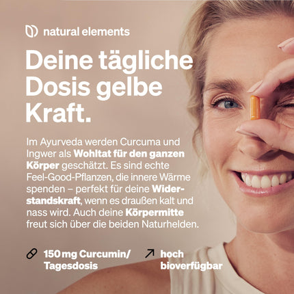 natural elements Bioloģiskā kurkuma un ingvers – 180 kapsulas – Bioloģiskā kurkuma, bioloģiskais ingvers un bioloģiskie pipari – ar kurkumīnu un piperīnu – Augsta deva – Ražots Vācijā un laboratorijā pārbaudīts vegāns