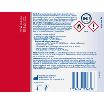 SOS dezinfekcijas salvetes INTENSE rokām + virsmām | bioloģiski noārdāms | iznīcina 99,99% baktēriju, sēnīšu un vīrusu* (piemēram, herpes, gripas un norovīrusus) | 10x25