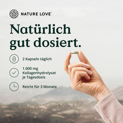 NATURE LOVE® kolagēna komplekss – 180 kapsulas – ar hialuronskābi, biotīnu, selēnu, cinku, C vitamīnu no acerolas un silīciju no bambusa ekstrakta – augstas devas kolagēns – laboratoriski pārbaudīts un ražots Vācijā