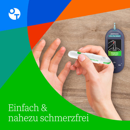 OneTouch Ultra Plus Reflect asins glikozes līmeņa kontroles sistēma diabēta (cukura slimības) ārstēšanai, ieskaitot 1 asins glikozes mērītāju (mg/dl), 40 testa strēmeles, 1 lancetes, 40 lancetes, 1 pārnēsāšanas maciņu, 2 baterijas