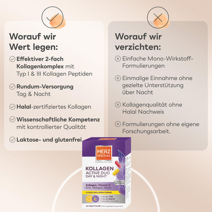 Merz Spezial Kollagen Active Duo Day &amp; Night – skaistuma kompleksa tabletes ar kolagēnu, C vitamīnu, cinku, mangānu + biotīnu – uztura bagātinātājs ar divkāršu formulu – 1 x 112 tabletes