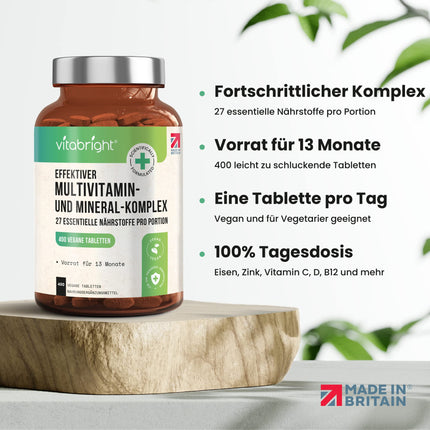 Multivitamīnu tabletes ar augstu devu - 400 mg vitamīnu, minerālvielu un uztura bagātinātāju dienas deva AZ Vitamīni + minerālvielas | Uztura bagātinātājs sievietēm/vīriešiem vegānu multivitamīnu komplekss, VitaBright
