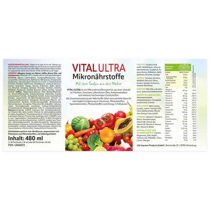Vital Ultra - 480 ml - Mikroelementu koncentrāts ar vitamīniem, minerālvielām, mikroelementiem, augu vielām un omega-3 taukskābēm - šķidrs ēdiens, kas pagatavots no vairāk nekā 70 sastāvdaļām, līdz pat 60 porcijām