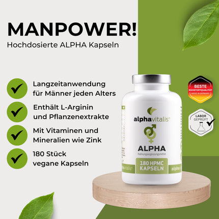 alphavitalis ALPHA Men kapsulas ilgstošai lietošanai ar cinku (normālai auglībai un reproduktīvajai sistēmai), aminoskābi L-arginīnu, Maca Black, Tribulus Terrestris, ginkgo, žeņšeņu