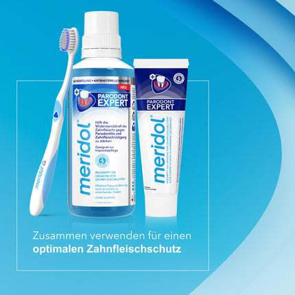 meridol mutes skalošanas līdzeklis Parodont Expert 400ml - antibakteriāla iedarbība, palīdz stiprināt smaganu izturību pret smaganu asiņošanas, periodontīta un smaganu recesijas cēloņiem