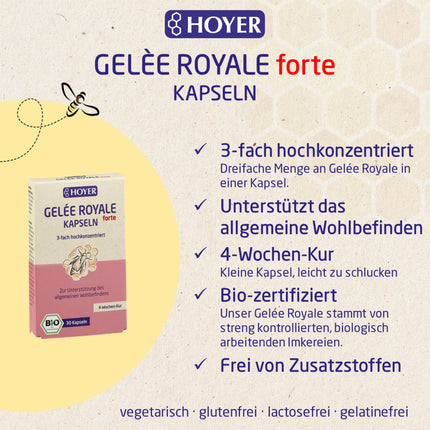 Hoyer Royal Jelly FORTE kapsulas 30 kapsulas, 1 iepakojums (1 x 12,2 g) - bioloģiskas