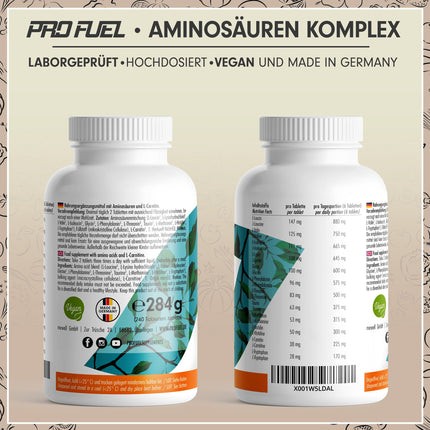 Augstas devas aminoskābju komplekss - 240 tabletes - 6000 mg aminoskābju dienā - 9 neaizvietojamās aminoskābes + 3 kofaktori: taurīns, karnitīns un glicīns - laboratoriski pārbaudīts ar sertifikātu - 100% vegāns