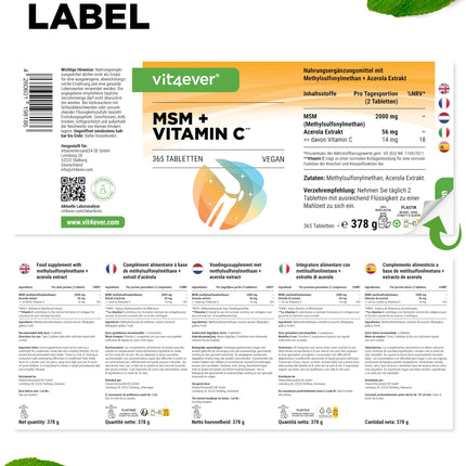 MSM 2000 mg - 365 tabletes - Ar dabīgu C vitamīnu no acerolas - Bez piedevām - 6 mēnešu krājumi - Augsta deva - Laboratorijā pārbaudīts - Vegāns