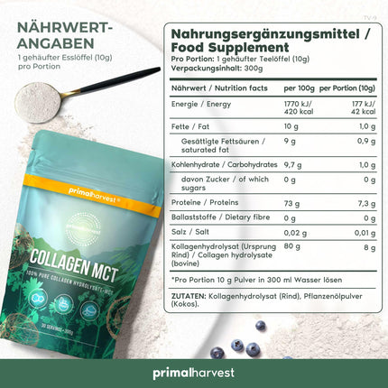 Kolagēna pulveris no Primal Harvest - bioaktīvs augstākās kvalitātes kolagēna komplekss, ilgtspējīgi barots ar zāli, kolagēna hidrolizāts, bezgaršīgs, optimāla šķīdība (Primal Collagen MCT (1 iepakojums))