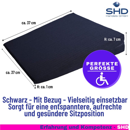 SHD Premium ķīļveida spilvens, ērts sēdekļa spilvens - ražots Vācijā, sēdekļa spilvens, biroja krēsls, ķīļveida spilvens, ratiņkrēsls, birojs, automašīna - ar mazgājamu pārvalku, 37x37x7/1 cm, melns