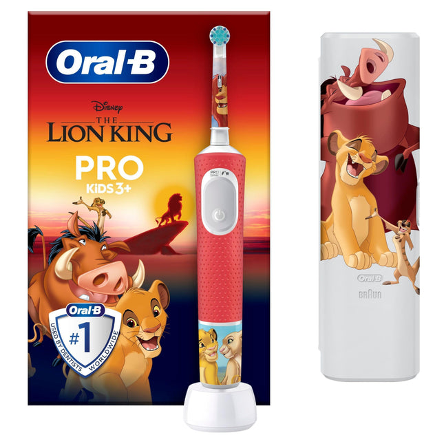 Oral-B Pro Kids Lion King elektriskā zobu birste bērniem no 3 gadu vecuma, ieskaitot Sensitive+ režīmu zobu kopšanai, īpaši mīksti sariņi, 1 birstes galviņa, 1 ceļojumu maciņš, balta/sarkana