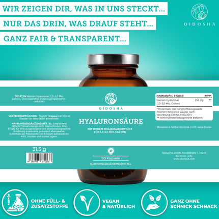 QIDOSHA® Premium hialuronskābes kapsulas, TESTA UZVARĒTĀJS 07/23*, augsta molekulmasa 1,5–2 miljoni daltonu (parastais tirgus: 0,5 miljoni), 250 mg/kapsula, 90 gab./aptiekas burciņā, vegāns, dabiski fermentēts
