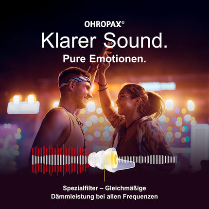 OHROPAX mūzikas ausu aizbāžņi – ar speciālu filtru – neviltota skaņa ar vienmērīgu vājinājumu – skaņas izolācijas vērtība SNR 19 dB – ideāli piemēroti koncertiem – 1 pāris ar ievietotu filtru + 1 mazāks ausu aizbāžņu pāris