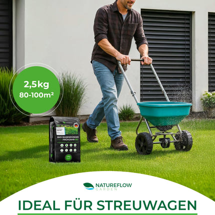 Organiskais zāliena mēslojums pavasara TESTA UZVARĒTĀJS Ražots Vācijā – 2,5 kg uz 100 kv.m – Organiskais zāliena mēslojums veselīgai augsnei un sulīgi zaļam zālienam – Zāliena mēslojums, pavasara zāliena mēslojums no Natureflow Garden