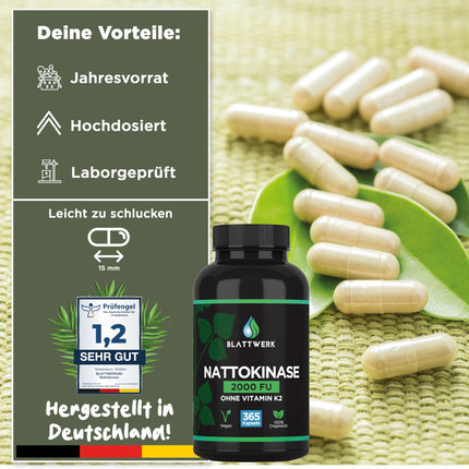 Nattokināze 2000 FU — GADA PIEGĀDE — 365 nattokināzes kapsulas, katra pa 100 mg (20 000 FU/g) — Ražots Vācijā — Augstas devas nattokināze — Natto no sojas — 100% vegāns — Laboratorijā pārbaudīts — BLATTWERK
