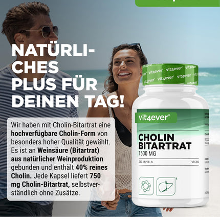 Tīra holīna kapsulas - 240 kapsulas ar 750 mg holīna bitartrāta - 4 mēnešu krājumi - aknas, homocisteīns un lipīdu metabolisms - aktīvs holīns - dabīgs - augsta deva - vegāns