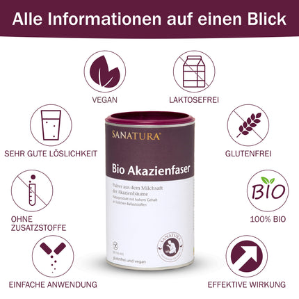 Sanatura Acacia Fiber Powder Organic – 180 g – vērtīgs šķiedrvielu avots no akācijas šķiedrām – šķīstošā šķiedra – vegāns, bez glutēna un fruktozes – labi panesams