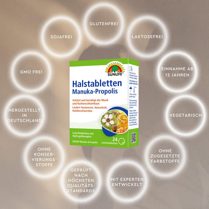 SUNLIFE Manuka-Propolisa kakla pastilas 1 x 24 gab. - Medus un propolisa tabletes - Rīkles pastilas pret klepu - Kakla sāpju pastilas - Pastilas ar Manuka un propolisu