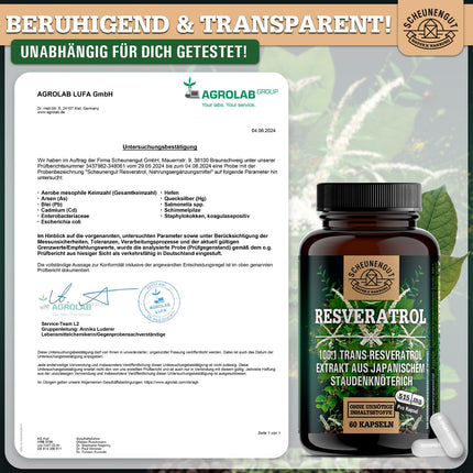 Resveratrols - 1000 mg dienā - SVARĪGI: 100:1 ekstrakts (= 100 000 mg Japānas dižsūrenes saknes) + piperīns | 98% trans-resveratrola liela deva | Laboratorijā pārbaudīts -DE- SCHEUNENGUT®