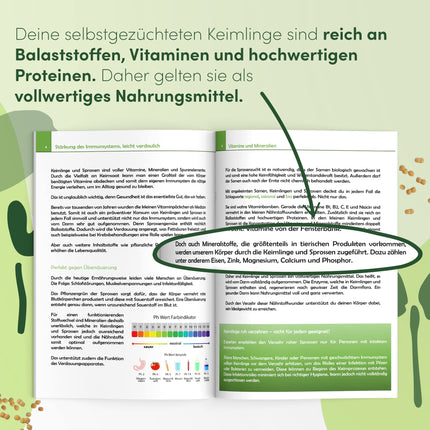 Green SEEDS dīgšanas burciņa, 2 gab. komplekts, 1000 ml, ar augstas kvalitātes nerūsējošā tērauda sieta vāku, statīvu + BEZMAKSAS dīgšanas ABC [Drukātas versijas]