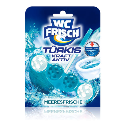 WC-Fresh Power Active Turquoise Rinse Sea Fresh (10 iepakojumi), tualetes tīrīšanas līdzeklis redzamai tīrīšanai ar tirkīza ūdeni, smaržakmeņi intensīvam tualetes aromātam