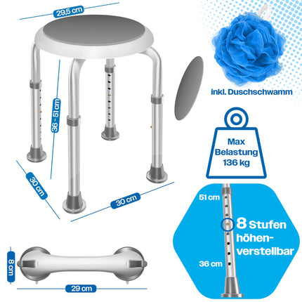 KESSER® Duschhocker höhenverstellbar 8 Stufen | Leichter Badhocker rutschfeste Gummifüße Duschstuhl 136KG belastbar | Duschhilfe Senioren | Saugnapf Haltegriff Badewannengriff | Duschsitz 360° drehbar