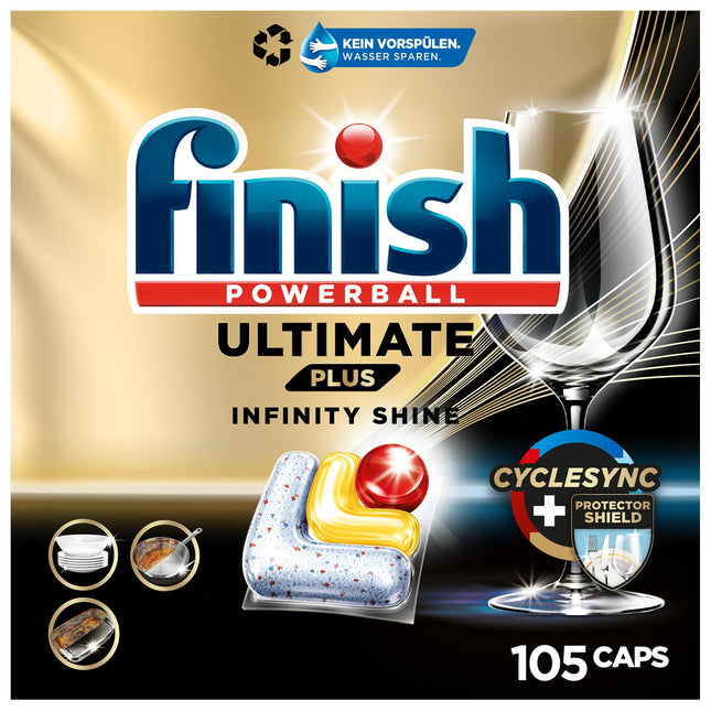 Finish Ultimate Plus Infinity Shine Citrus trauku mazgājamās mašīnas tabletes – trauku mazgājamās mašīnas tabletes intensīvai tīrīšanai, tauku šķelšanas jaudai un spīdumam ar aizsargvairogu – 105 kapsulas, tabletes, citrons