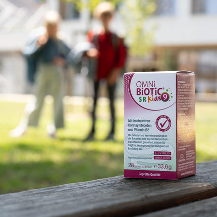 OMNi BiOTiC SR-9 bērniem | 28 nūjiņas | 9 baktēriju celmi | Kūst tieši uz mēles | Vegāns | Bez glutēna | Bez laktozes