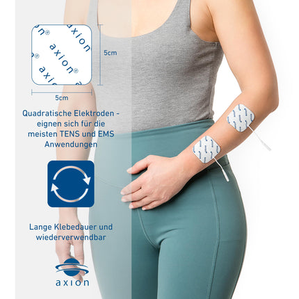 16 TENS EMS elektrodu spilventiņi 5x5 cm, atkārtoti lietojami līmējošie elektrodi TENS ierīcēm un EMS trenažieriem, ļoti laba līmes vadītspēja, 2 mm spraudņa savienojums - sertificēti. Medicīnas ierīce - axion®