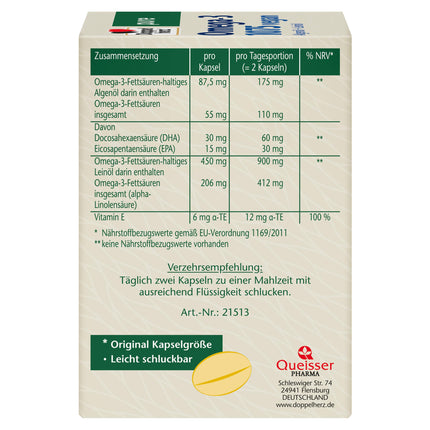 Doppelherz tīra Omega-3 1075 vegāns - Aļģu eļļa + linsēklu eļļa - Alfa-linolēnskābe veicina normāla holesterīna līmeņa uzturēšanu - 80 kapsulas