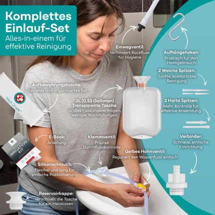 Vidējas klases klizmas komplekts intīmai tīrīšanai mājās - 2 litru ietilpība - klizmas komplekts ar atkārtoti lietojamu piederumu, instrukciju, pārnēsājamu maisiņu un citām lietām - 100% caurspīdīgs