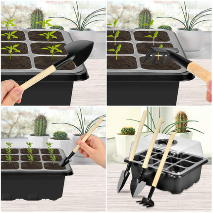 2 daļu iekštelpu siltumnīcu kultivēšanas komplekts, mini siltumnīcu kultivēšanas komplekts, kultivēšanas paplāte ar vāku, plastmasas kultivēšanas paplātes ar 3 maziem dārza instrumentiem, 12 caurumi, ideāli piemērotas sēklu dīgšanai un augu augšanai