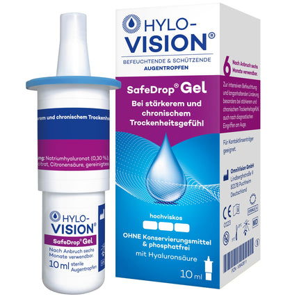 Hylo-Vision SafeDrop gēla acu pilieni – atvieglojums stipri un hroniski sausām acīm, intensīvi mitrinošs, ļoti viskozs, bez konservantiem, piemērots kontaktlēcām, 10 ml