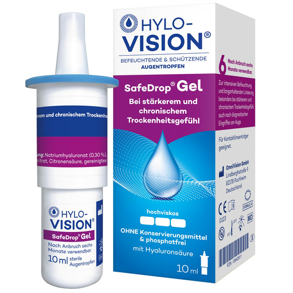Hylo-Vision SafeDrop gēla acu pilieni – atvieglojums stipri un hroniski sausām acīm, intensīvi mitrinošs, ļoti viskozs, bez konservantiem, piemērots kontaktlēcām, 10 ml
