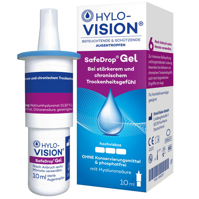 Hylo-Vision SafeDrop gēla acu pilieni – atvieglojums stipri un hroniski sausām acīm, intensīvi mitrinošs, ļoti viskozs, bez konservantiem, piemērots kontaktlēcām, 10 ml