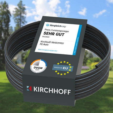 Kirchhoff ūdensvada caurule dārza apūdeņošanai 25 mm x 12,5 m | PE caurule sprinkleru sistēmai | HDPE cauruļu ieguldīšana | DVGW | Dzeramā ūdens caurule | Ražots ES