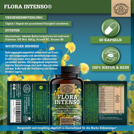 FLORA INTENSO® probiotiķu komplekss 100 miljardi CFU/g - Laboratorijā pārbaudīti 23 baktēriju celmi bez inulīna - Zarnās šķīstošās baktērijas ar laktobacilām + bifidobaktērijām - DE-SCHEUNENGUT®