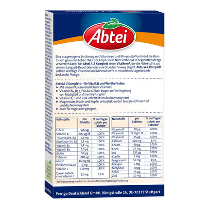Abtei AZ pilnvērtīgi ilgtermiņa multivitamīni - 24 vitamīni un minerālvielas - augsta deva, veģetārs - 40 depo tabletes