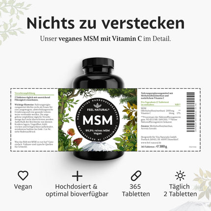 MSM tabletes - 2000 mg MSM (metilsulfonilmetāna) vienā dienas devā - 365 tabletes (6 mēneši) - Ar dabīgu C vitamīnu no acerolas - Augsta deva, vegānisks, laboratorijā pārbaudīts, bez nevēlamām piedevām