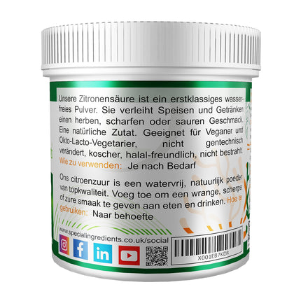 Īpašas sastāvdaļas: citronskābe 100 g, tīra pārtikas kvalitātes 100 % tīrs pulveris (vācu etiķetes un instrukcijas)