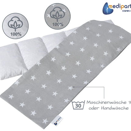 Medi Partners ķiršu kauliņu spilvens 60x20cm 800g 100% kokvilna 5 kameru liels organisks dabīgs siltuma spilvens aukstuma terapijai noņemams pārvalks (zvaigznes)