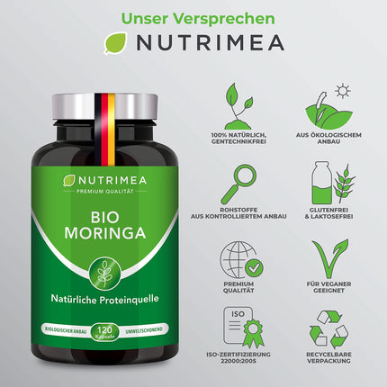 MORINGA Oleifera kapsulas | BIOLOĢISKI Sertificēts BEZ piedevām | Ražots Vācijā | Enerģijas tabletes 4 mēnešu krājumā | SUPERĒDIENS 100% VEGĀNS