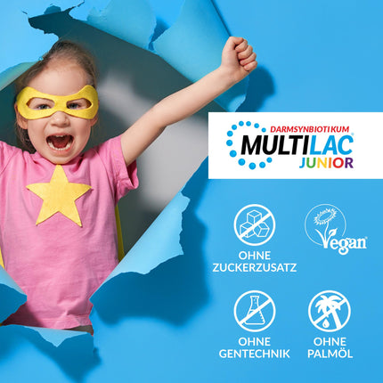 MULTILAC INTESTINAL SYNBIOTIK Junior ar 20 šokolādes tāfelītēm. Satur atlasītas bifidobaktērijas un laktobaktērijas ar inulīnu un 1 miljardu baktēriju. Bez cukura, bez glutēna, bez laktozes. Tikai reizi dienā.