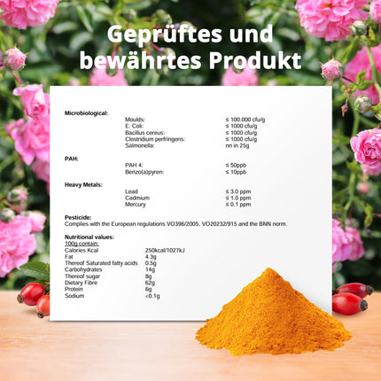 EWL Naturprodukte bioloģiskais mežrozīšu pulveris 1kg, veselas mežrozīšu ogas, samaltas pārtikas kvalitātē, vegāns, bioloģisks mežrozīšu pulveris no kontrolētas bioloģiskas audzēšanas.