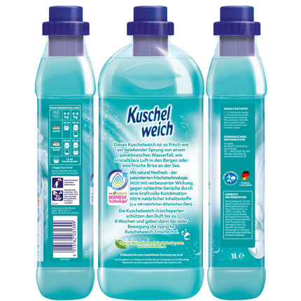 Kuschelweich auduma mīkstinātājs svaigs sapnis, dermatoloģiski apstiprināta saderība ar ādu, Kuschelweich auduma mīkstinātājs bez mikroplastmasas, 1 litrs līdz 38 mazgāšanas reizēm, 1037,48 grami