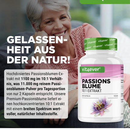 Pasifloras ekstrakts - 240 kapsulas - Premium: 1100 mg ekstrakta 10:1 (atbilst 11000 mg pasifloras) vienā dienas devā - Īpaši liela deva - Bez nevēlamām piedevām - Vegāns - Laboratorijā pārbaudīts